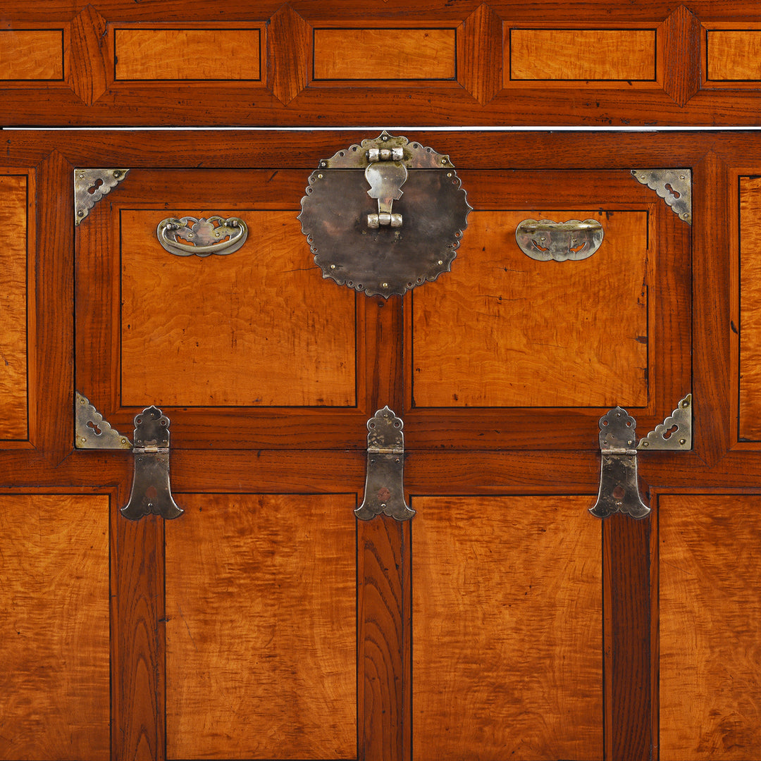 Latches Detail From Antique Korean Ich Ung Jang Burr Cabinet on Stand | Indigo Antques