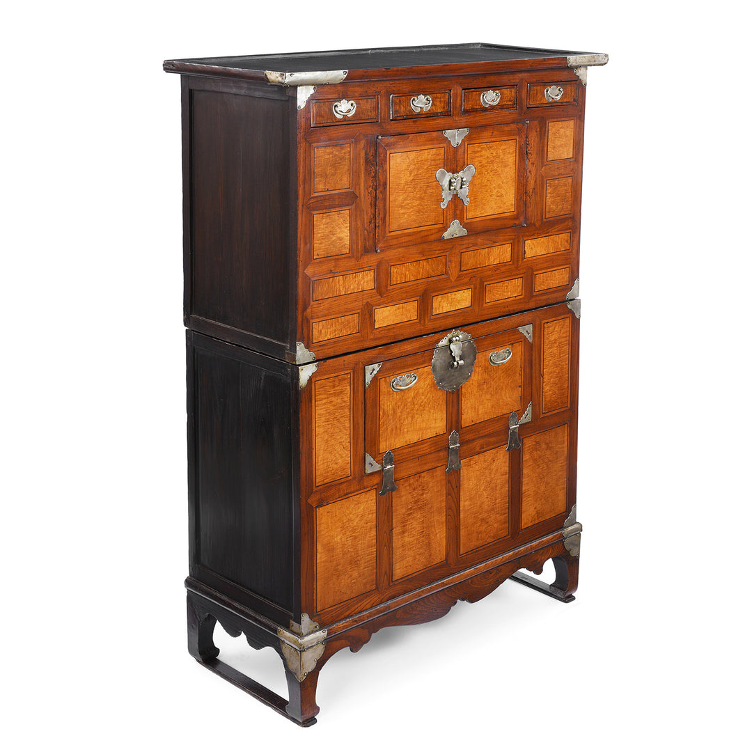 Angled View Of Antique Korean Ich Ung Jang Burr Cabinet on Stand | Indigo Antques