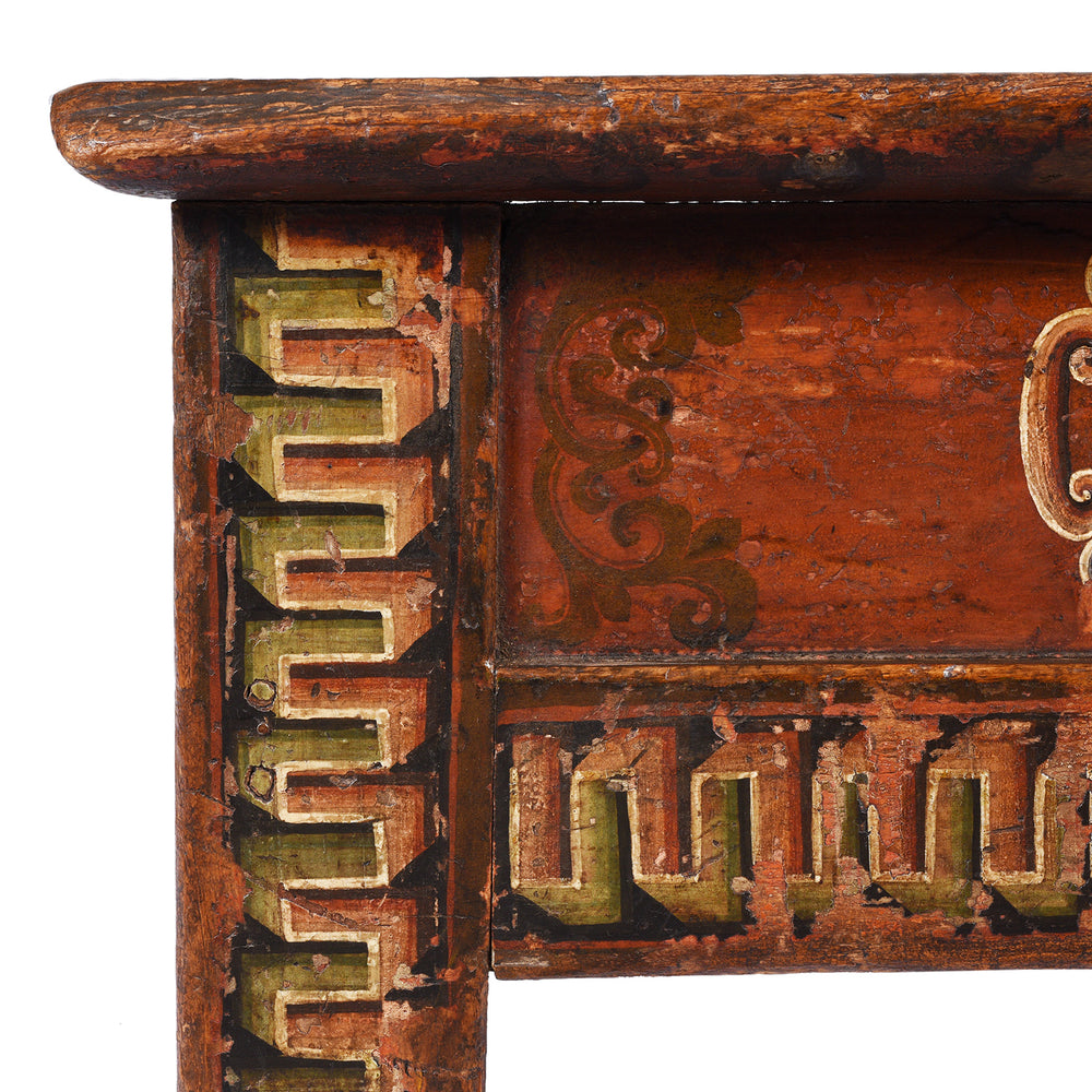 Corner Detail Displaying Artwork On Antique Painted Choksar Prayer Table from Mongolia | Indigo Antiques