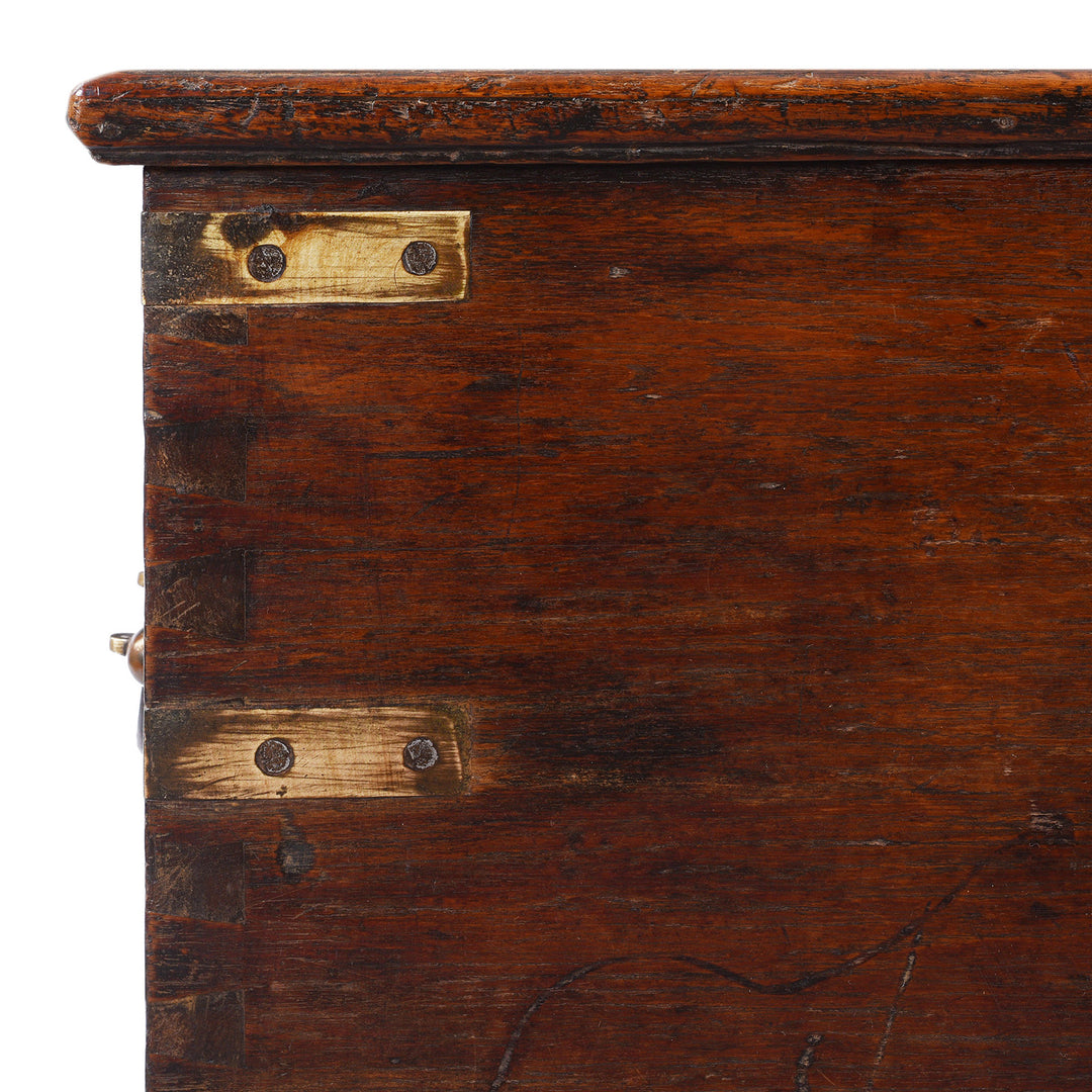 Corner Detail Showing Binding On Antique Brass Bound Indian Teak Chest | Indigo Antiques