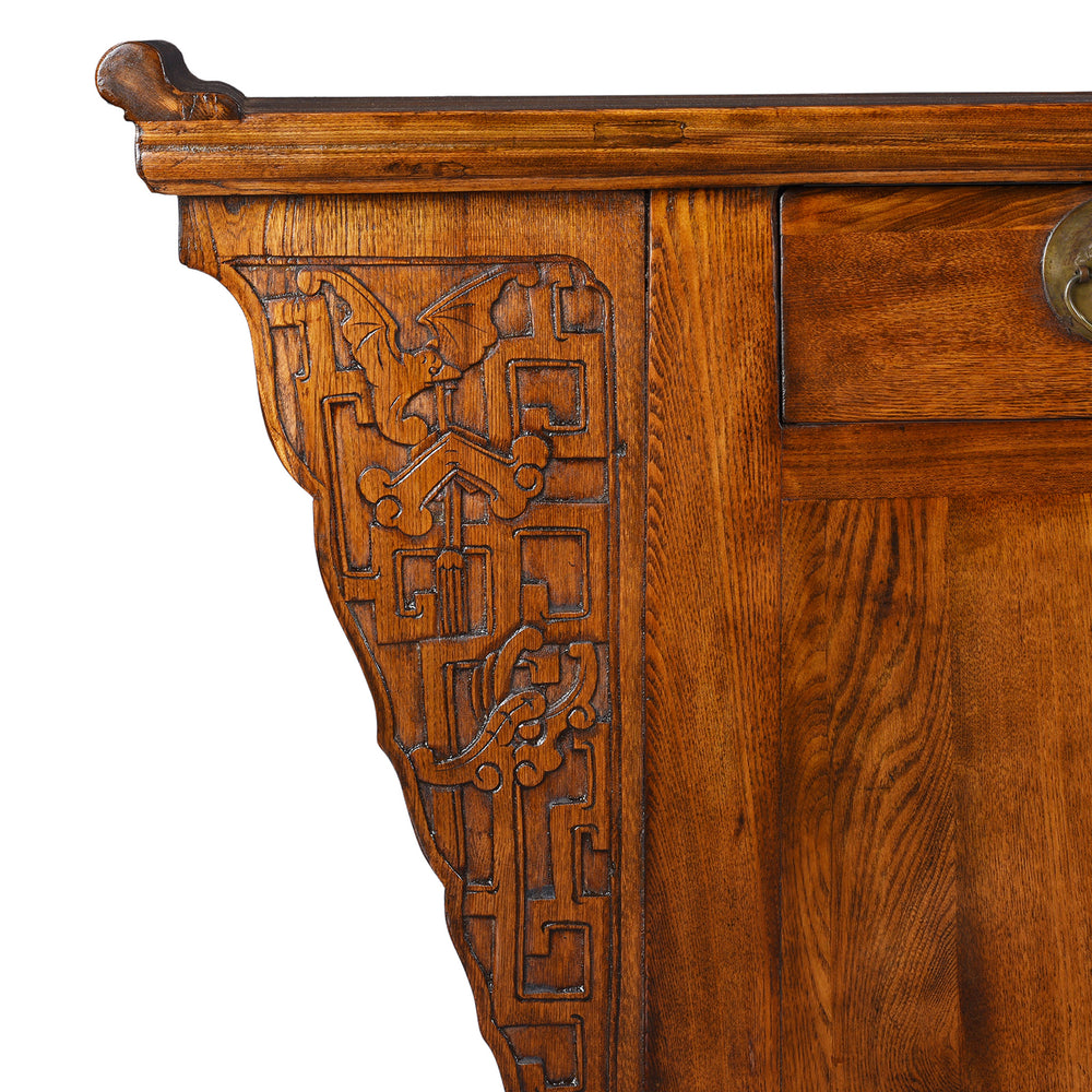 Carving Detail From The Side Of Antique Elm Chinese Sideboard From Peking | Indigo Antiques