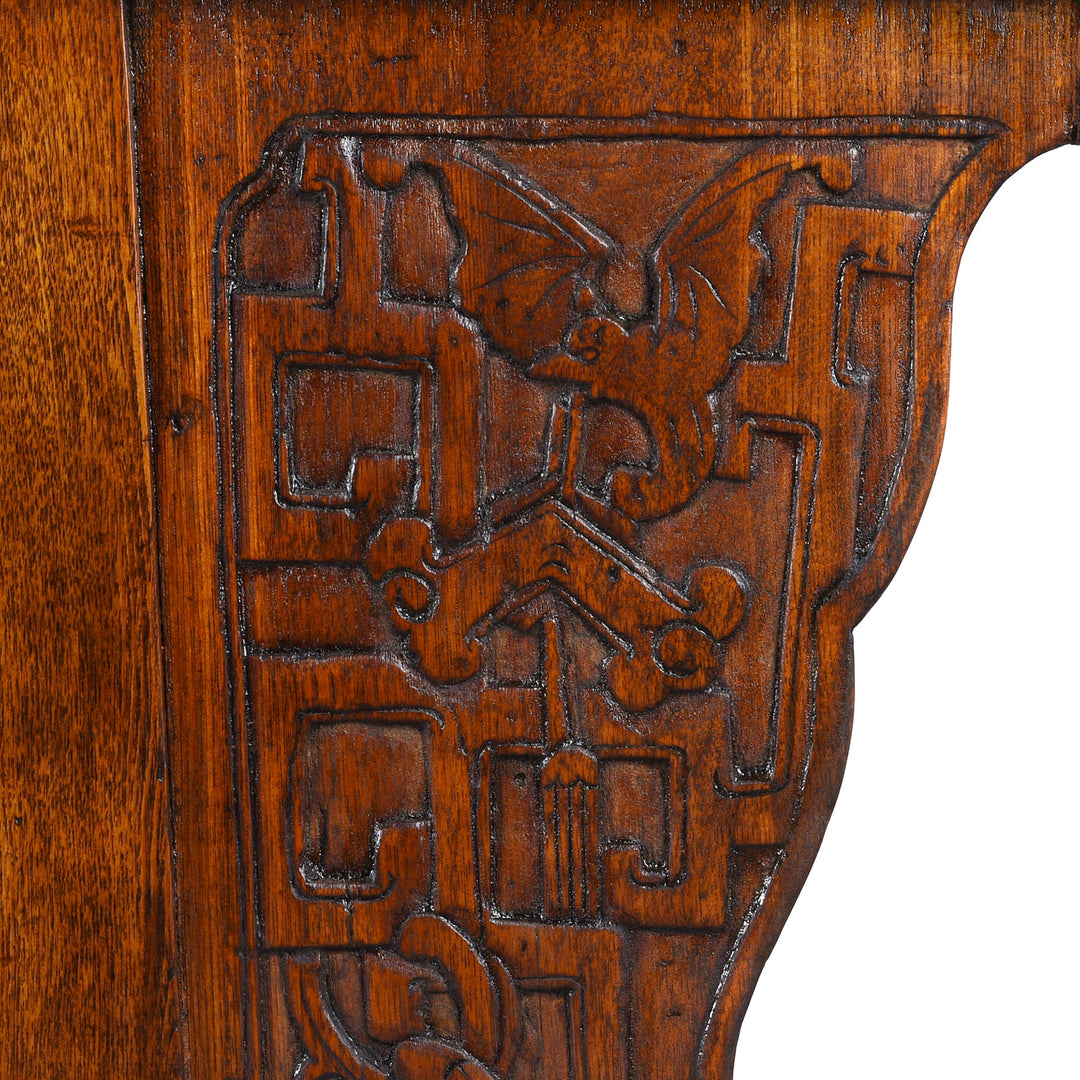 Carving Detail Showing Bat From Antique Elm Chinese Sideboard From Peking | Indigo Antiques