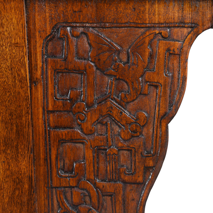 Carving Detail Showing Bat From Antique Elm Chinese Sideboard From Peking | Indigo Antiques