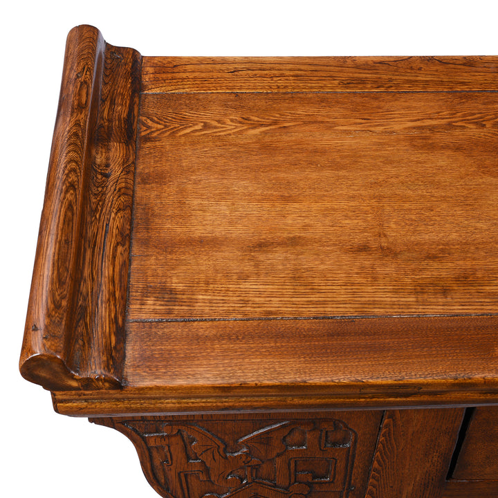 Scroll Detail Showing Grain On Antique Elm Chinese Sideboard From Peking | Indigo Antiques