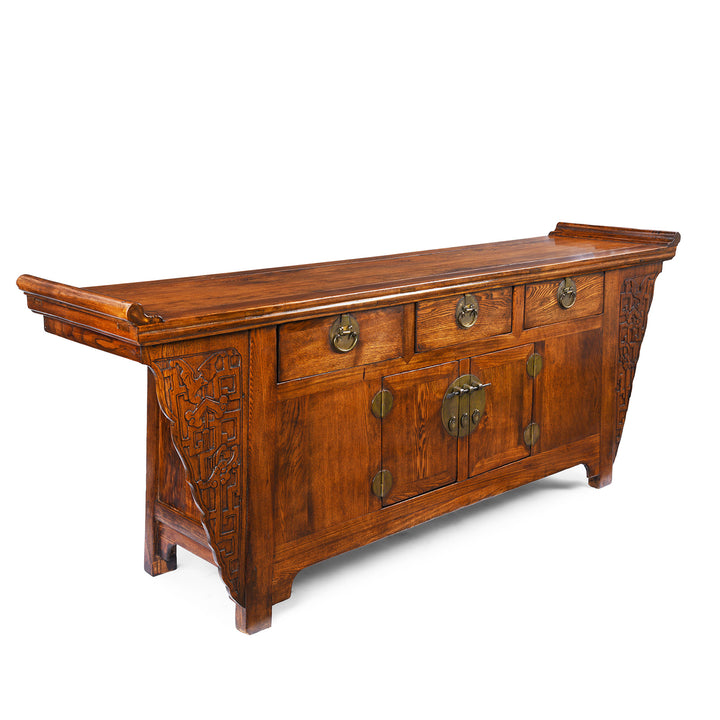 Angled View Of Antique Elm Chinese Sideboard From Peking | Indigo Antiques