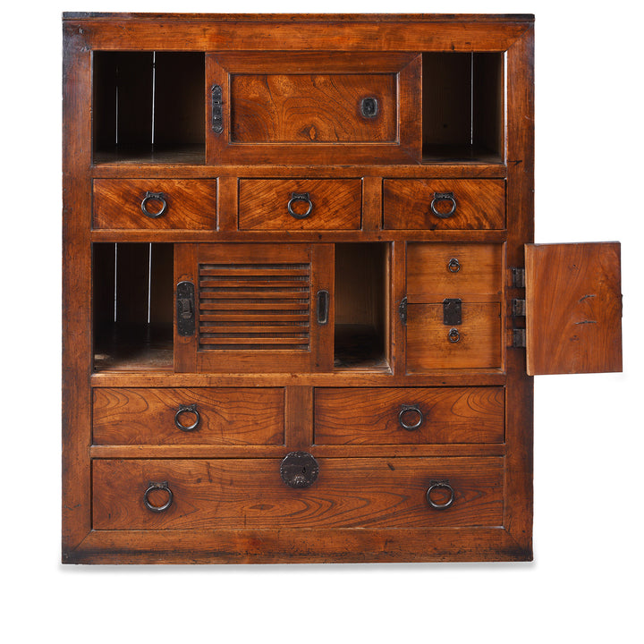 Open Doors And Interior VIew Of Antique Japanese Keyaki Choba Dansu From Gifu | Indigo Antiques