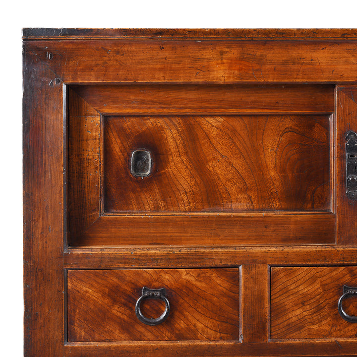 Corner Detail Displaying Sliding Door And Wood Grain From Antique Japanese Keyaki Choba Dansu From Gifu | Indigo Antiques