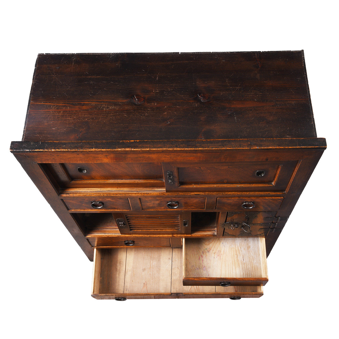 Top Down View And Drawer Interiors From Antique Japanese Keyaki Choba Dansu From Gifu | Indigo Antiques