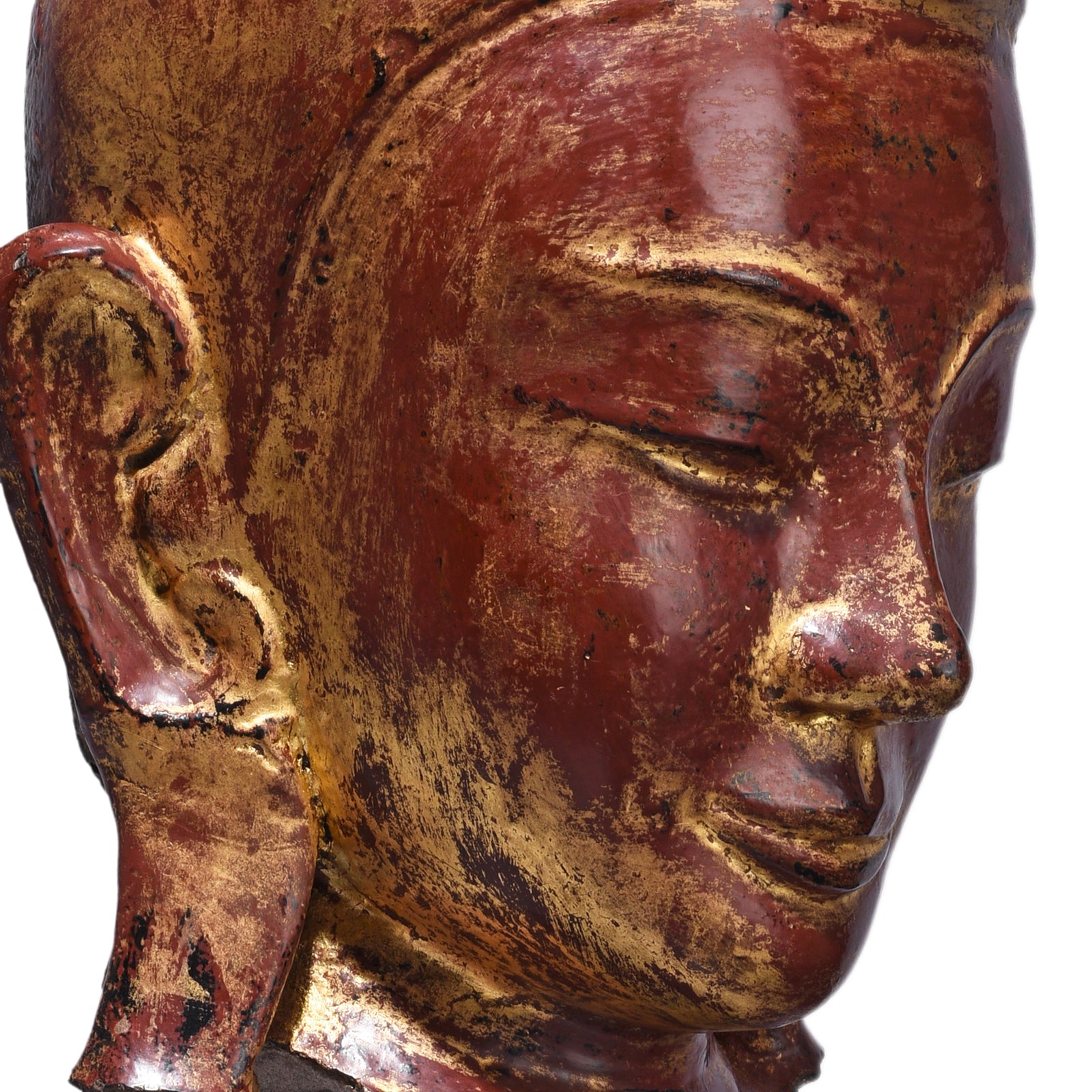Angled Face Detail From Antique Stone Ava Shakyamuni Buddha Head | Indigo Antiques