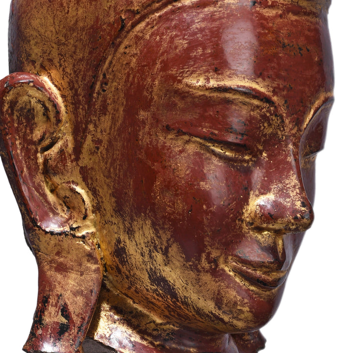 Angled Face Detail From Antique Stone Ava Shakyamuni Buddha Head | Indigo Antiques