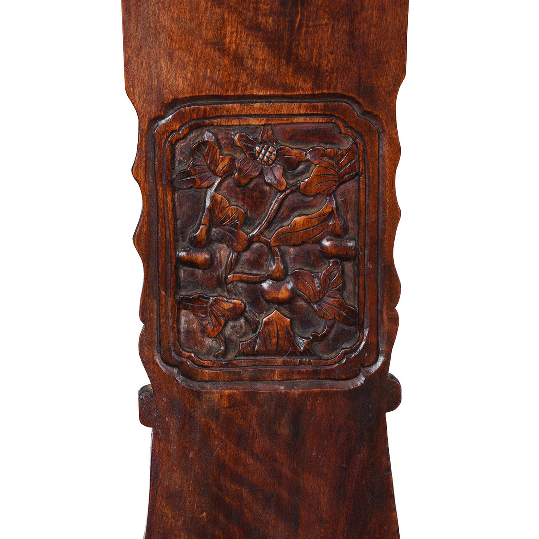 Carving Detail From Angled VIew Of Elm Officials Hat Chair Made From Reclaimed Wood