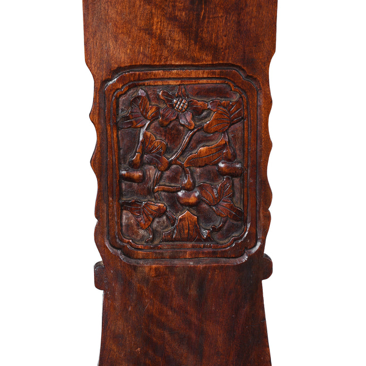 Carving Detail From Angled VIew Of Elm Officials Hat Chair Made From Reclaimed Wood