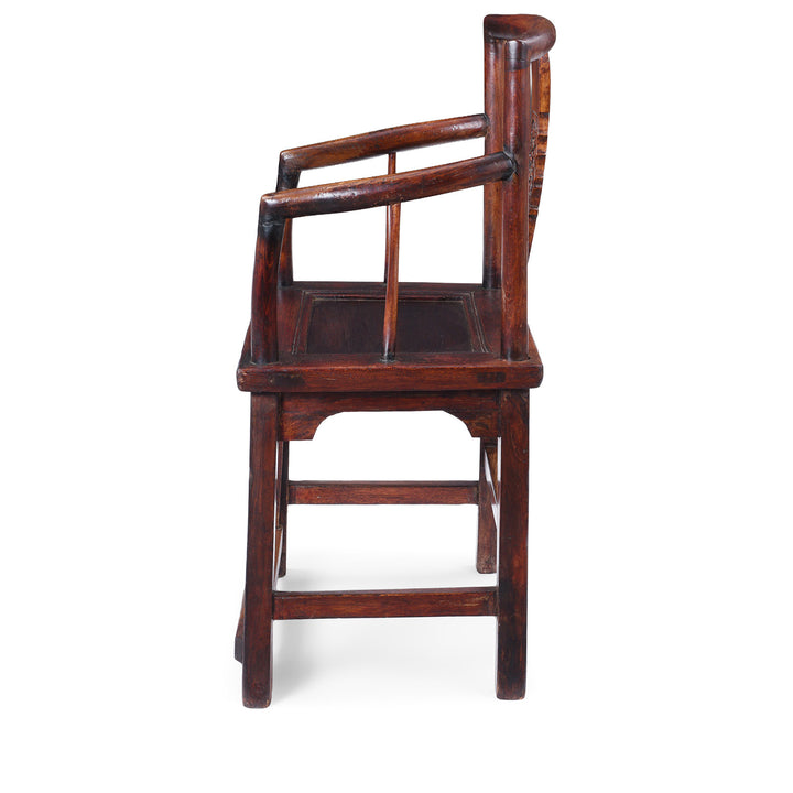 Side View Of Angled VIew Of Elm Officials Hat Chair Made From Reclaimed Wood