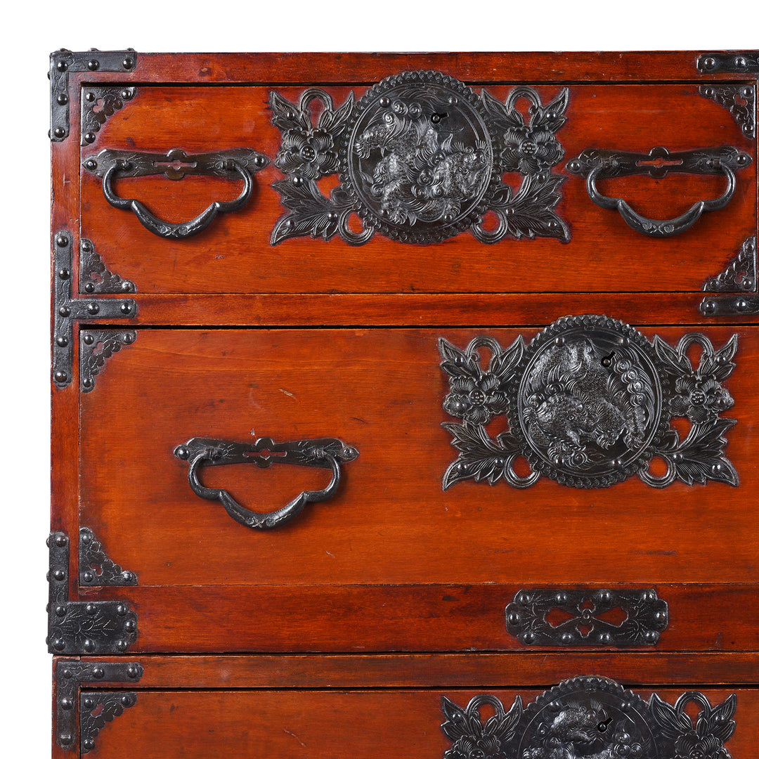 Corner Detail Showing Ironwork From Antique Isho Dansu from Sendai Province | Indigo Antiques