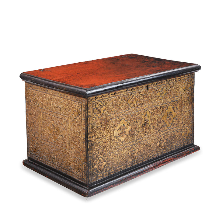 Angled VIew Of Antique Gilt Burmese Sadaik Manuscript Chest