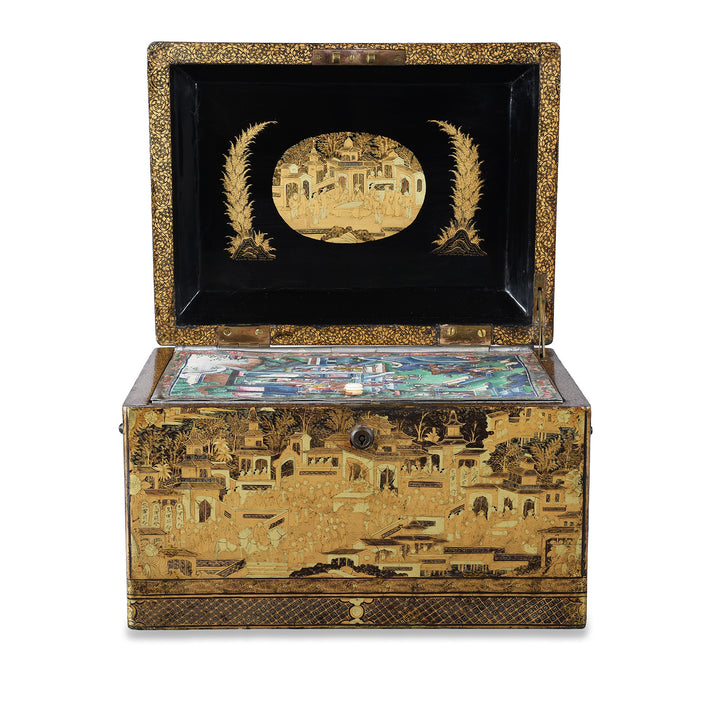 Open Lid View Of Antique Chinese Export Black Lacquer Ice Box | Indigo Antiques