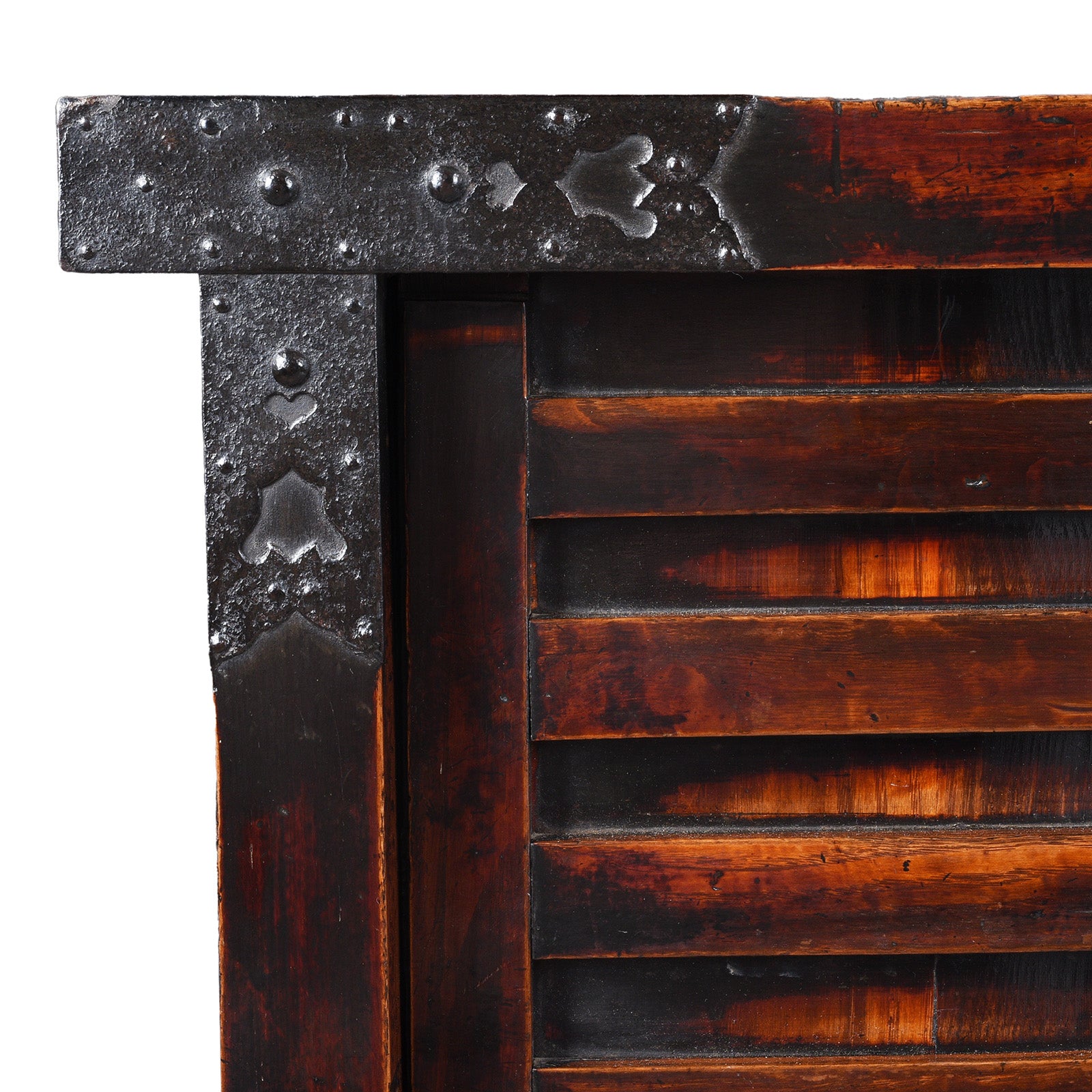 Corner Detail Showing Ironwork On Antique Japanese Kuruma Dansu | Indigo Antiques