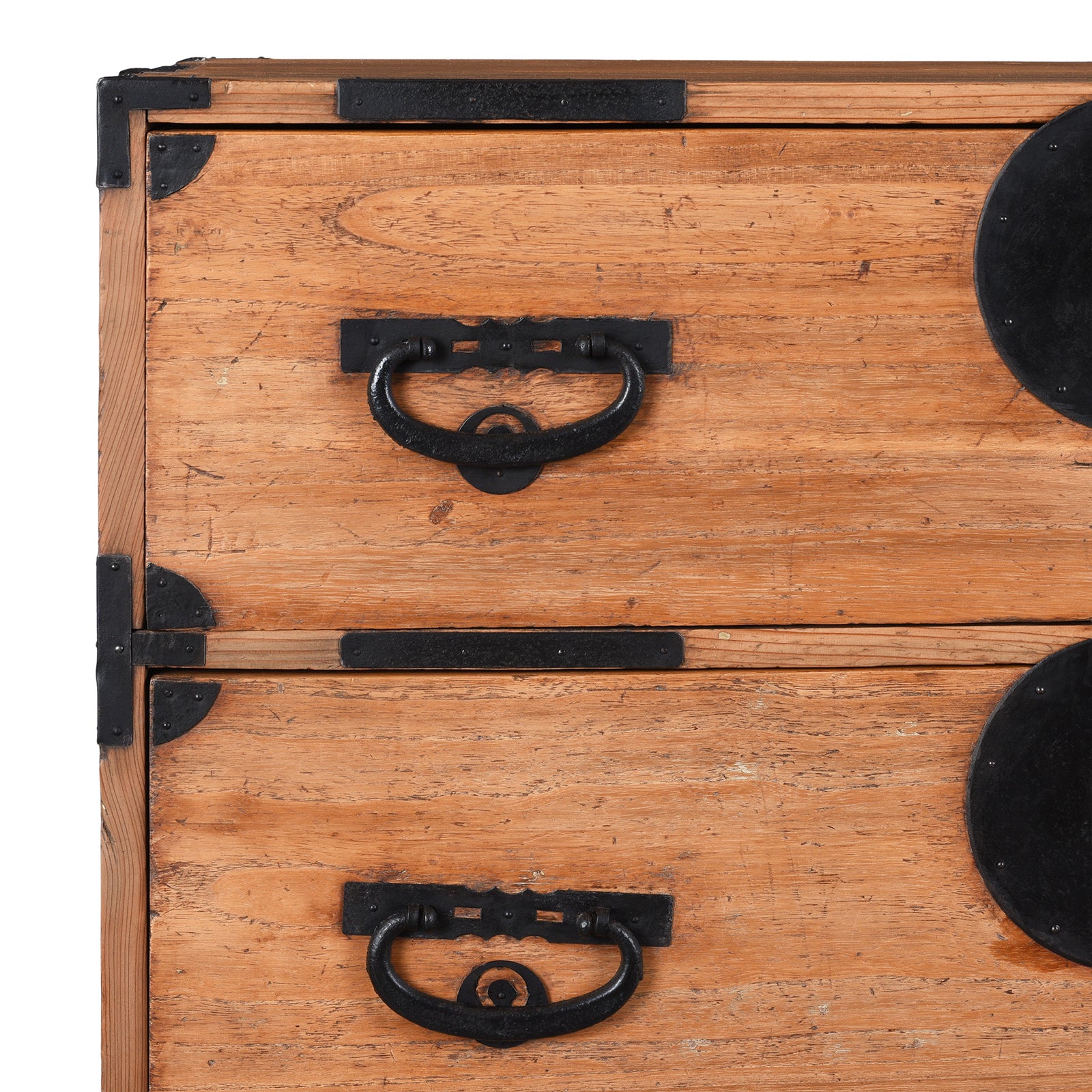 Corner Detail Showing Ironwork On Meiji Period Japanese Kasane Dansu Chest from Tokyo/Kanto – Kiri Wood with Black Iron Hardware