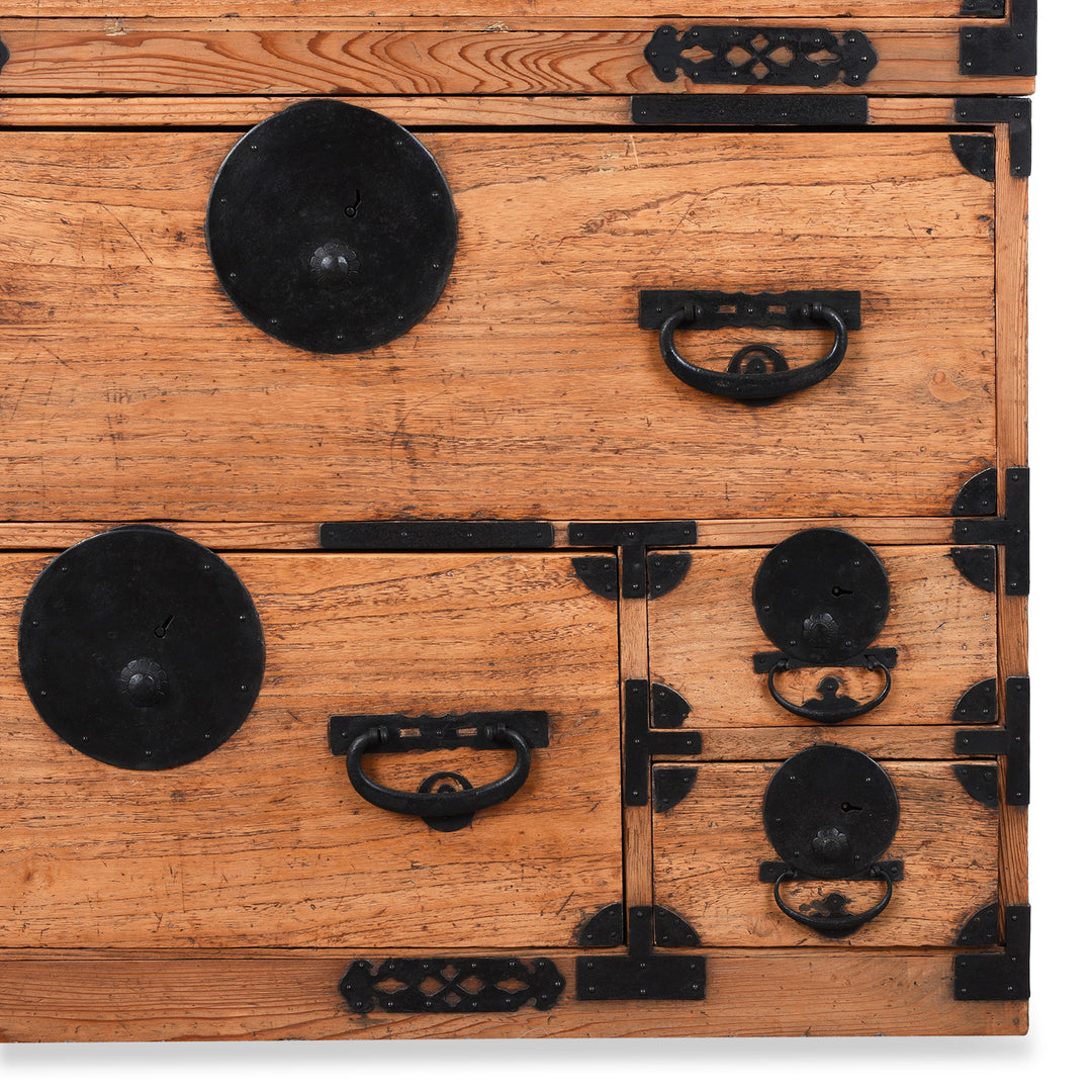 Bottom Corner Detail Showing Small Set Of Drawers On Meiji Period Japanese Kasane Dansu Chest from Tokyo/Kanto €“ Kiri Wood with Black Iron Hardware