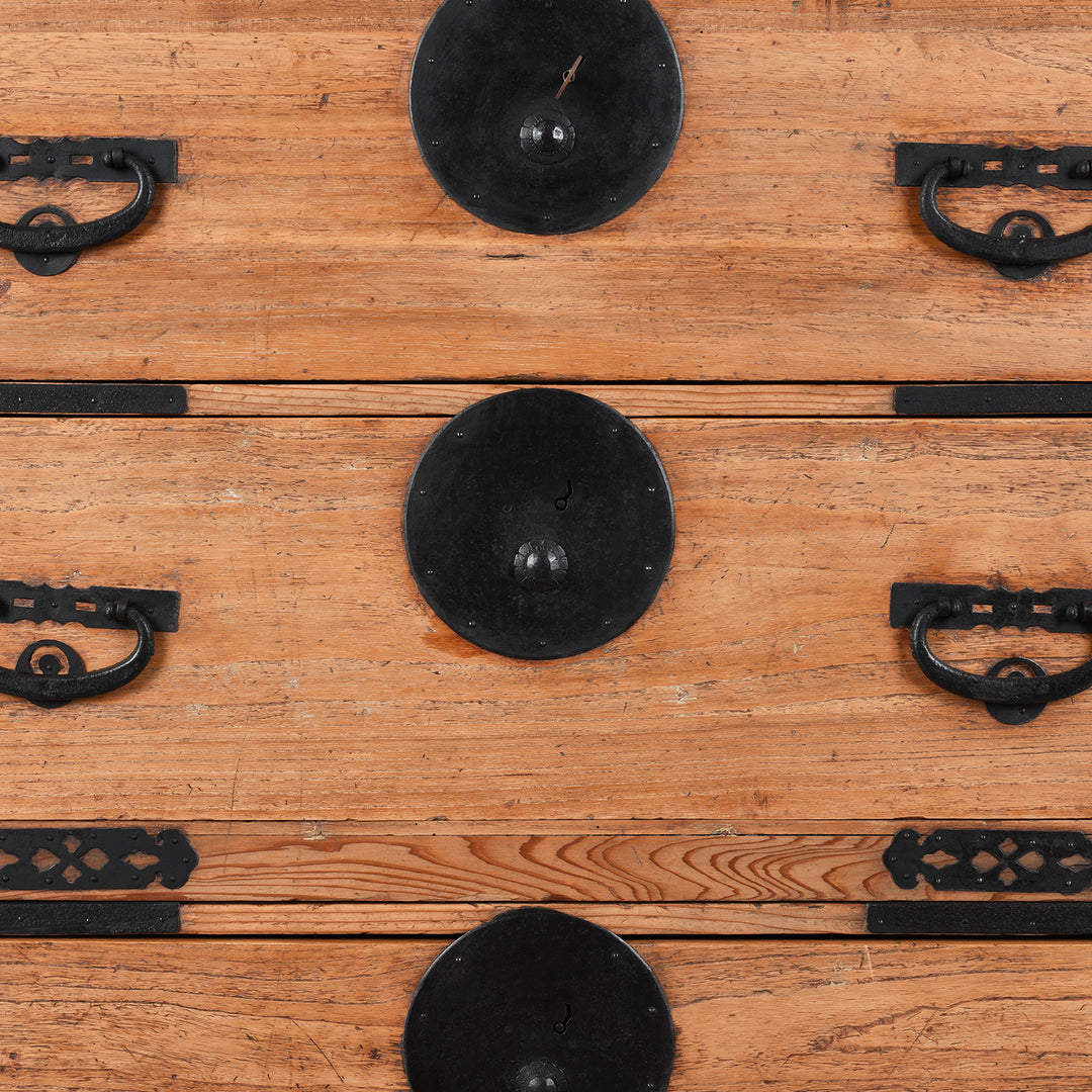 Central Locking Plates Detail From Meiji Period Japanese Kasane Dansu Chest from Tokyo/Kanto €“ Kiri Wood with Black Iron Hardware