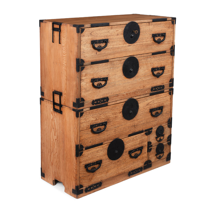 Angled View Of Meiji Period Japanese Kasane Dansu Chest from Tokyo/Kanto €“ Kiri Wood with Black Iron Hardware