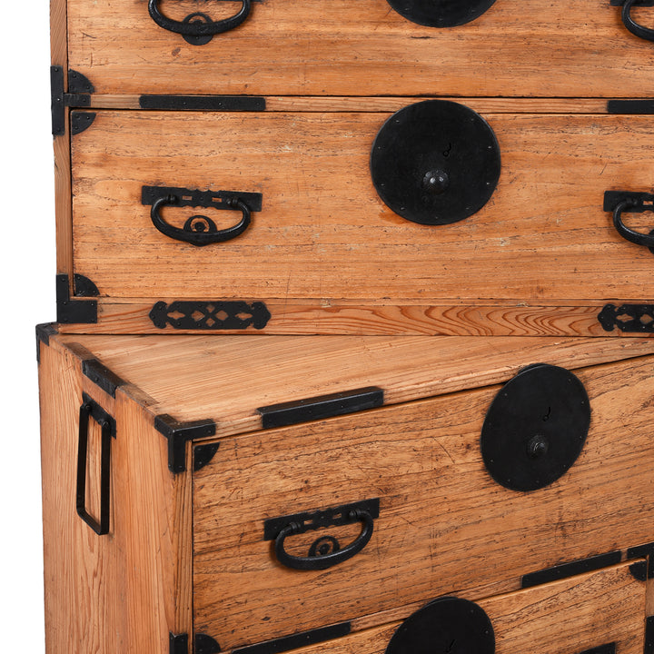 Split Section Detail Meiji Period Japanese Kasane Dansu Chest from Tokyo/Kanto €“ Kiri Wood with Black Iron Hardware