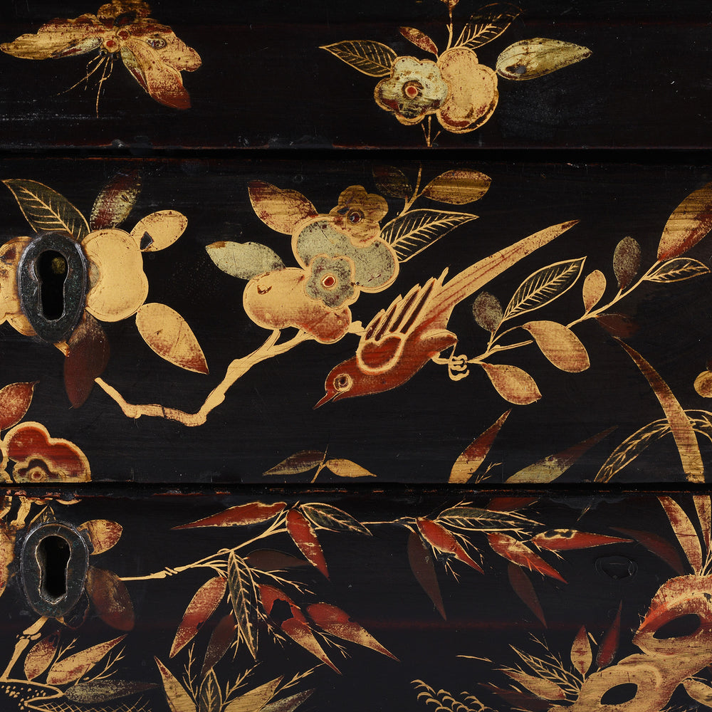 Bird Detail From Antique Chinese Canton Export Black Lacquer Sewing Box | Indigo Antiques