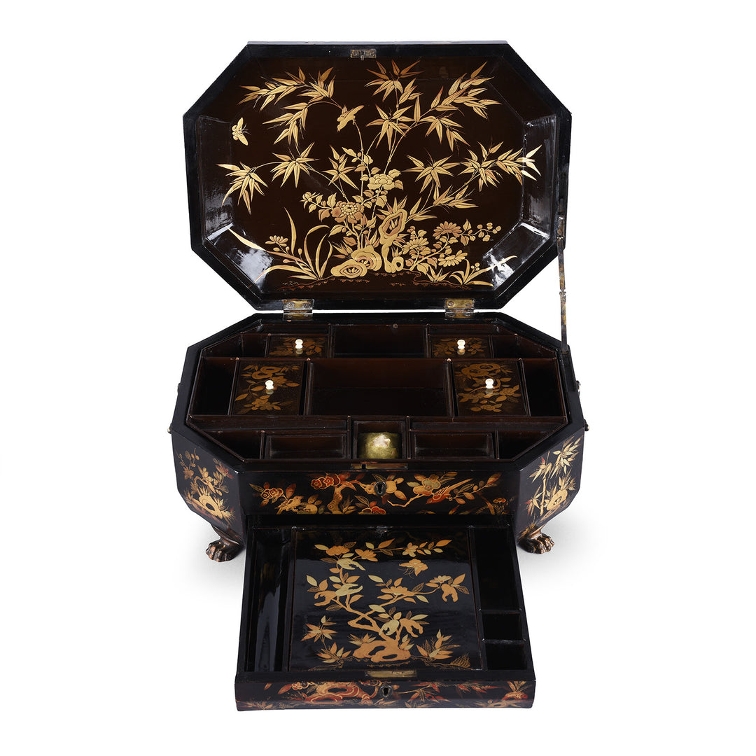 Inteiror Of Antique Chinese Canton Export Black Lacquer Sewing Box | Indigo Antiques