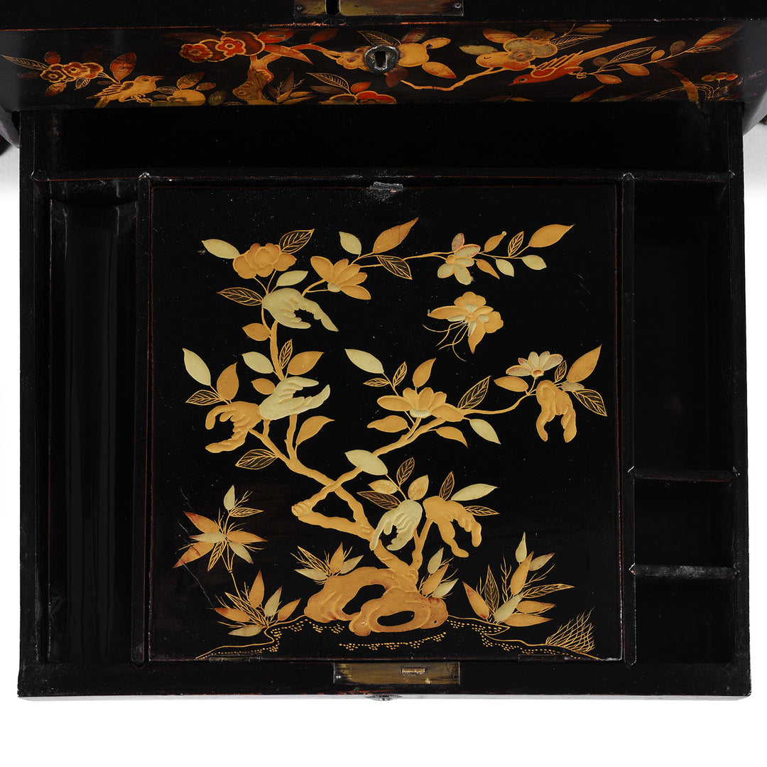 Drawer Artwork Detail From Antique Chinese Canton Export Black Lacquer Sewing Box | Indigo Antiques