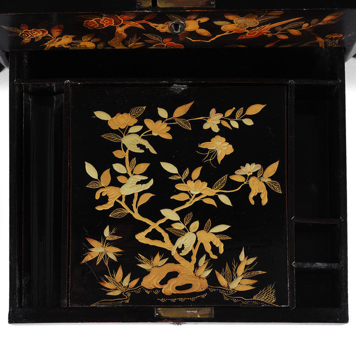 Drawer Artwork Detail From Antique Chinese Canton Export Black Lacquer Sewing Box | Indigo Antiques