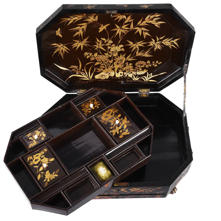 Interior Of Antique Chinese Canton Export Black Lacquer Sewing Box | Indigo Antiques