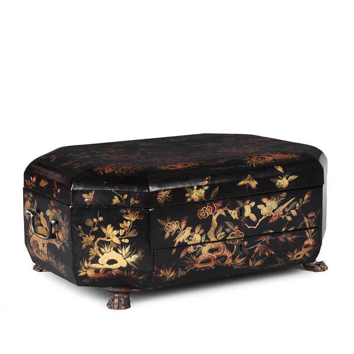 Angled VIew Of Antique Chinese Canton Export Black Lacquer Sewing Box | Indigo Antiques