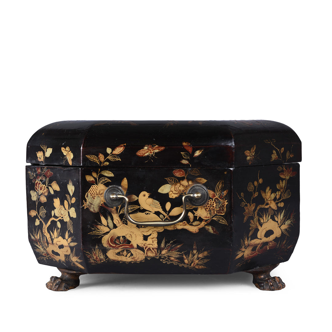 Side View Showing Handle On Antique Chinese Canton Export Black Lacquer Sewing Box | Indigo Antiques