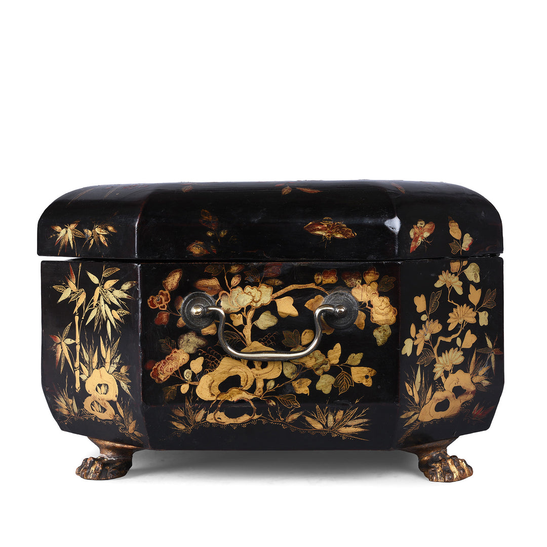 Side VIew Of Antique Chinese Canton Export Black Lacquer Sewing Box | Indigo Antiques