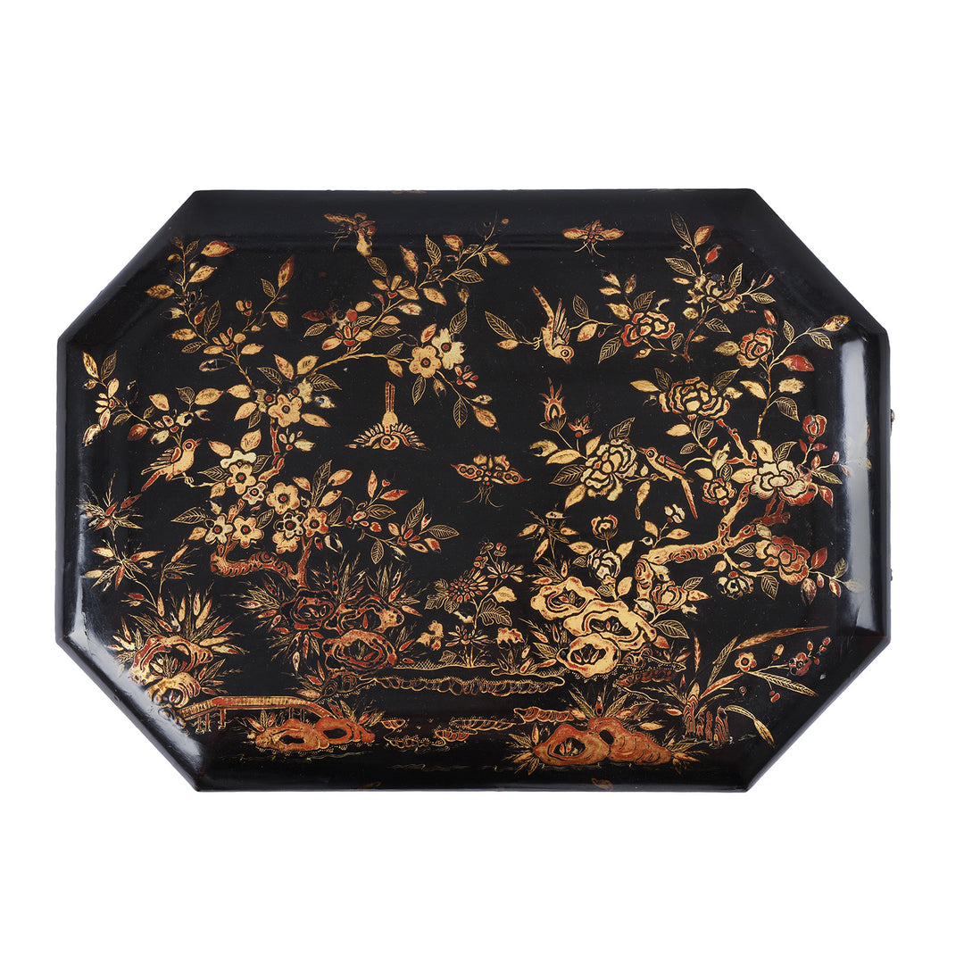 Top Down View Of Antique Chinese Canton Export Black Lacquer Sewing Box | Indigo Antiques