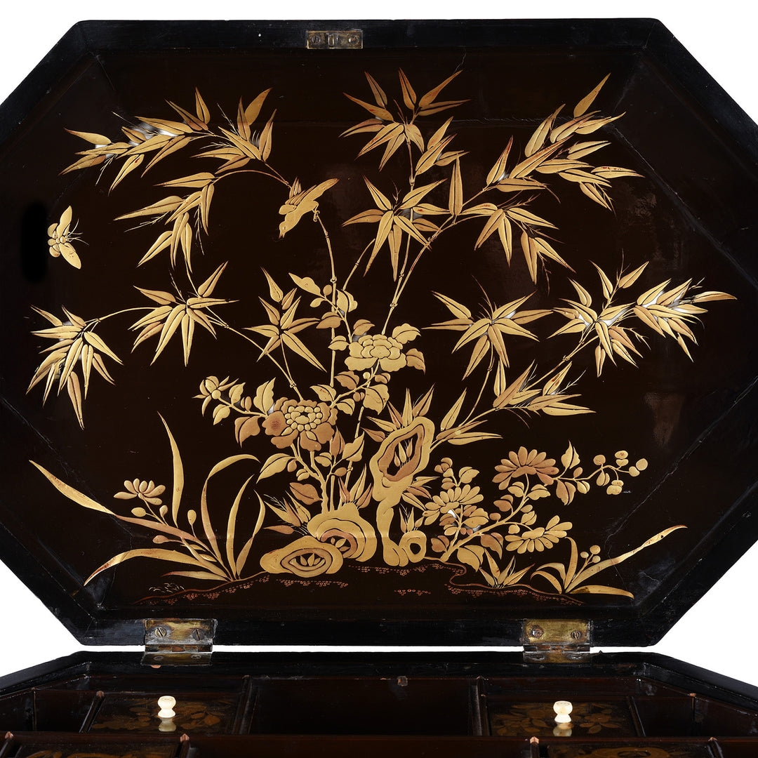 Inner Lid Artowkr Detail From Antique Chinese Canton Export Black Lacquer Sewing Box | Indigo Antiques