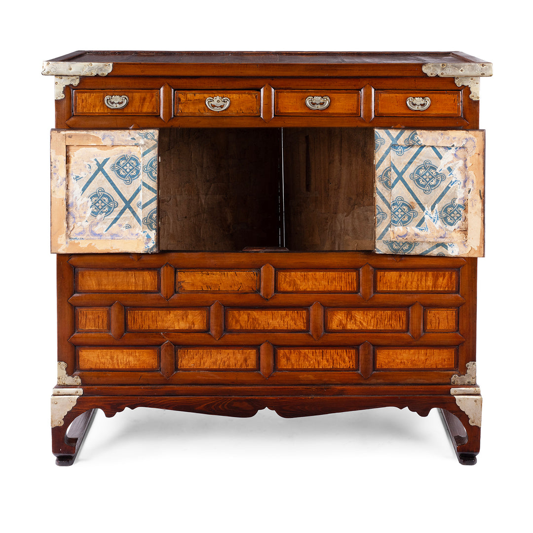 Korean hanji paper detail on an Antique Korean Morijang Burr Maple Side Cabinet - Ca 1920