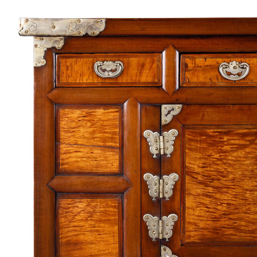 White metal detail of an antique Korean Morijang side cabinet
