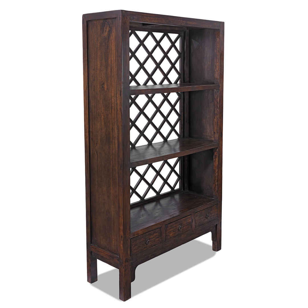 Angled View Of Dark Finsih Bookshelf Made From Reclaimed Pine | Indigo Antiques