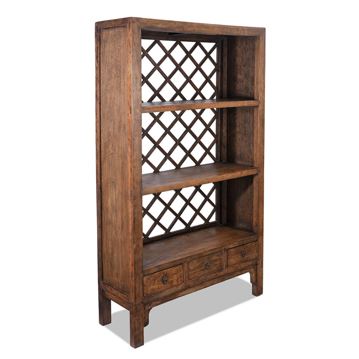 Angled View Of Light Finsih Bookshelf Made From Reclaimed Pine | Indigo Antiques