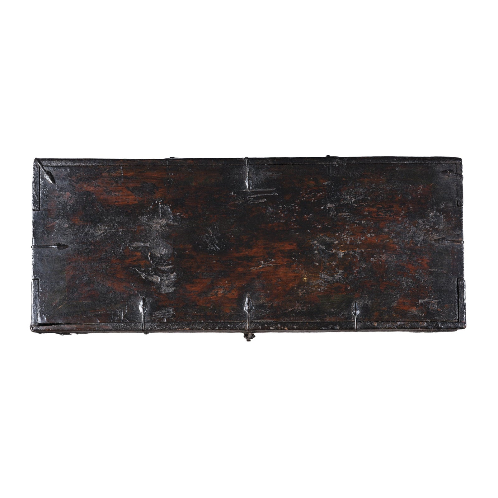 Top Down View Of Antique Tibetan Painted Storage Chest With Red And Gold Floral Motif And Central Dragon Design