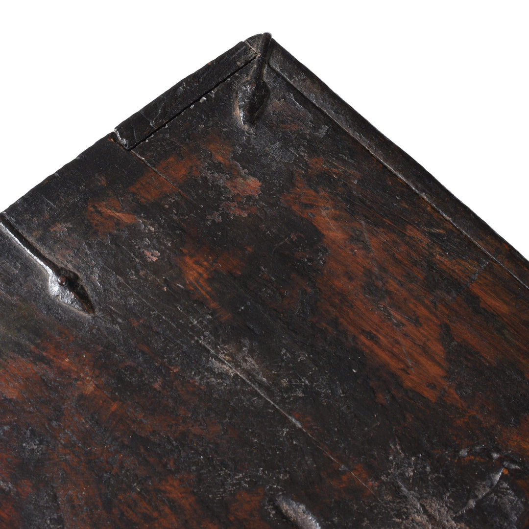 Top Donw Corner Detail From Antique Tibetan Painted Storage Chest With Red And Gold Floral Motif And Central Dragon Design