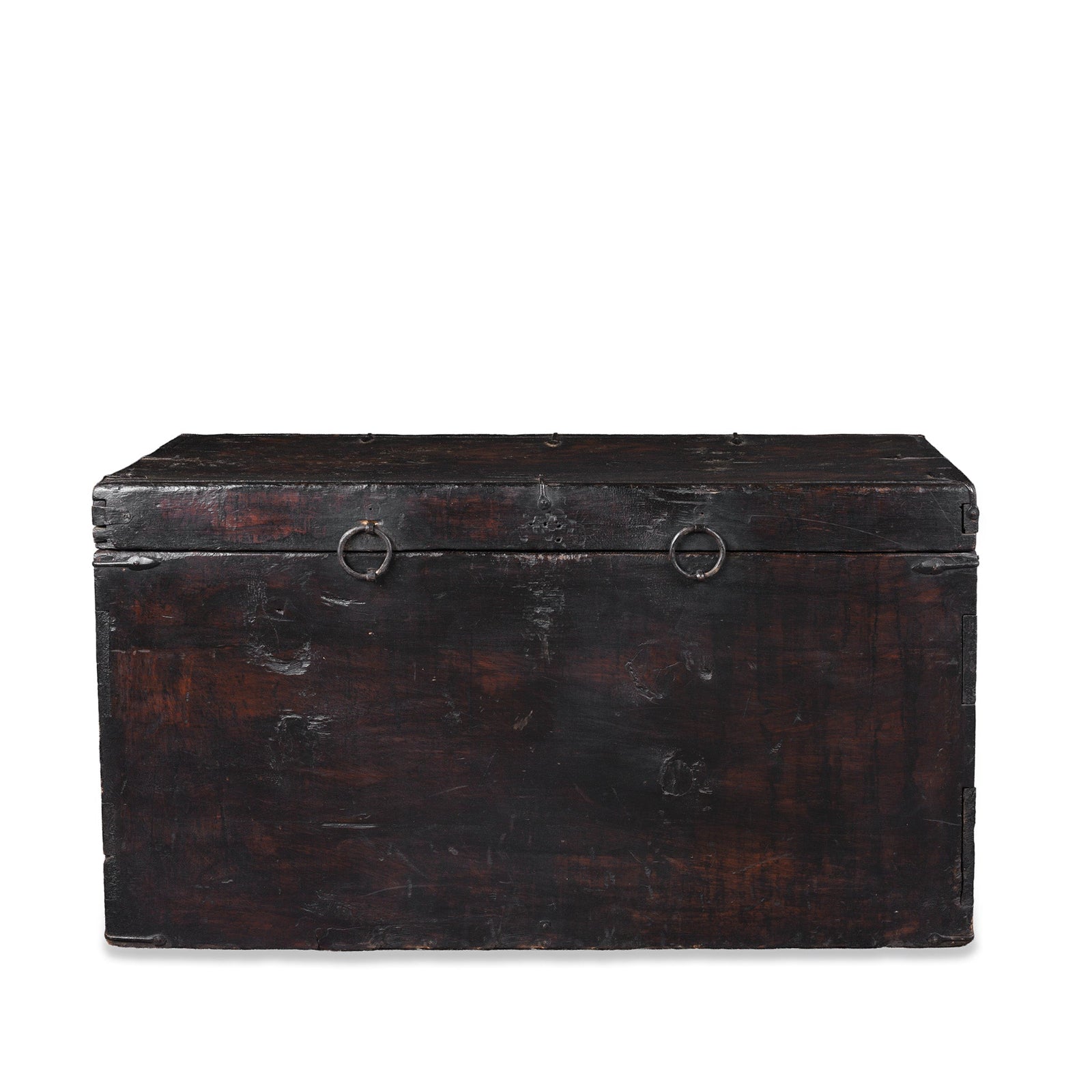 Back View Of Antique Tibetan Painted Storage Chest With Red And Gold Floral Motif And Central Dragon Design