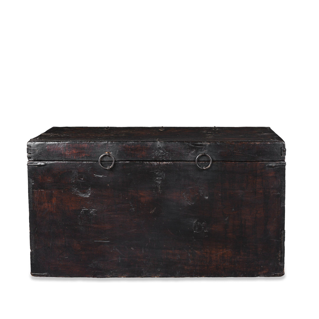 Back View Of Antique Tibetan Painted Storage Chest With Red And Gold Floral Motif And Central Dragon Design