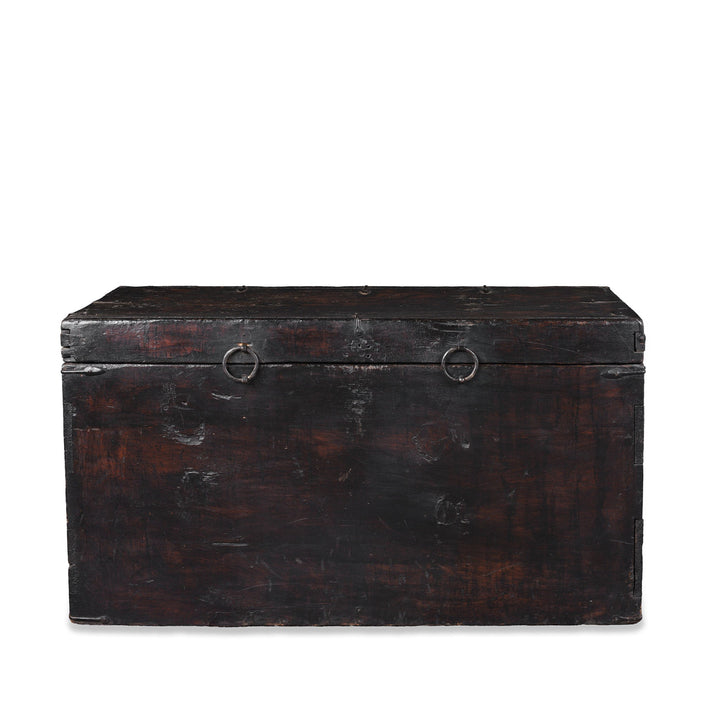 Back View Of Antique Tibetan Painted Storage Chest With Red And Gold Floral Motif And Central Dragon Design