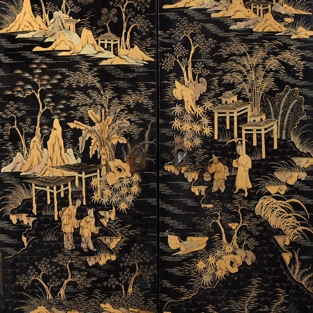 Doors Artwork Detail From Gilt Black Lacquer Chinoiserie Table Cabinet With Ivory Handles And Painted Landscape Scenes