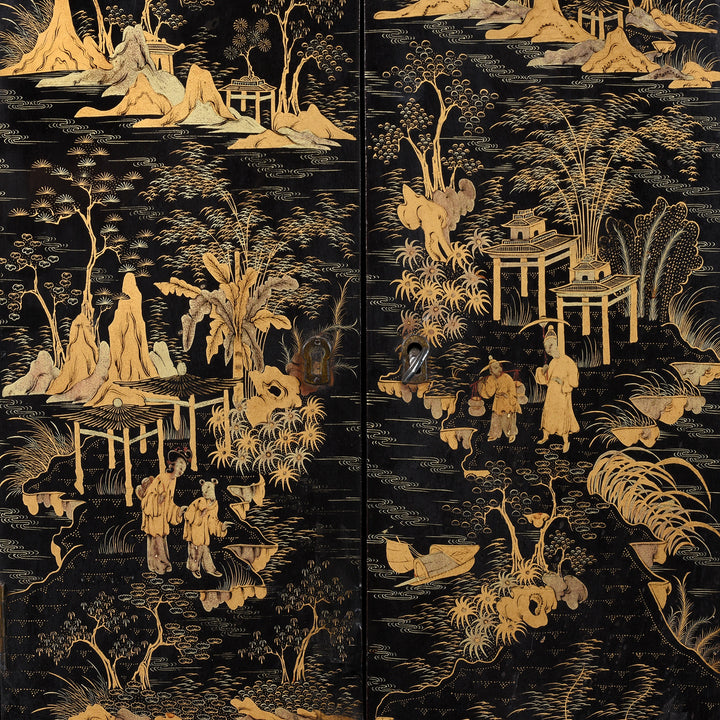 Doors Artwork Detail From Gilt Black Lacquer Chinoiserie Table Cabinet With Ivory Handles And Painted Landscape Scenes