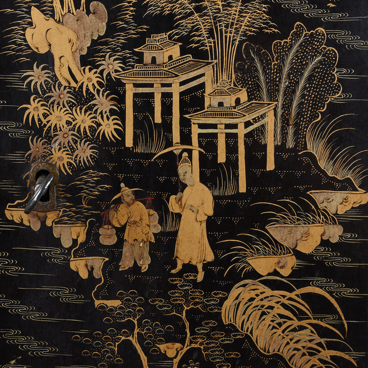 Character Artwork Detail From Doors Of Gilt Black Lacquer Chinoiserie Table Cabinet With Ivory Handles And Painted Landscape Scenes