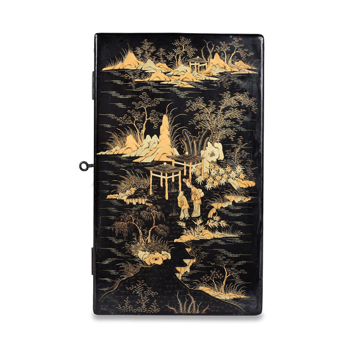 Side View Of Gilt Black Lacquer Chinoiserie Table Cabinet With Ivory Handles And Painted Landscape Scenes