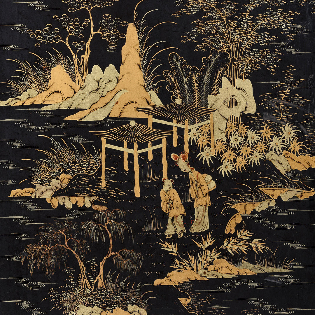 Artwork Detail From Gilt Black Lacquer Chinoiserie Table Cabinet With Ivory Handles And Painted Landscape Scenes